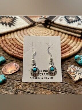 Native American Style Sterling Silver & Turquoise Bear Paw Dangling Earrings.